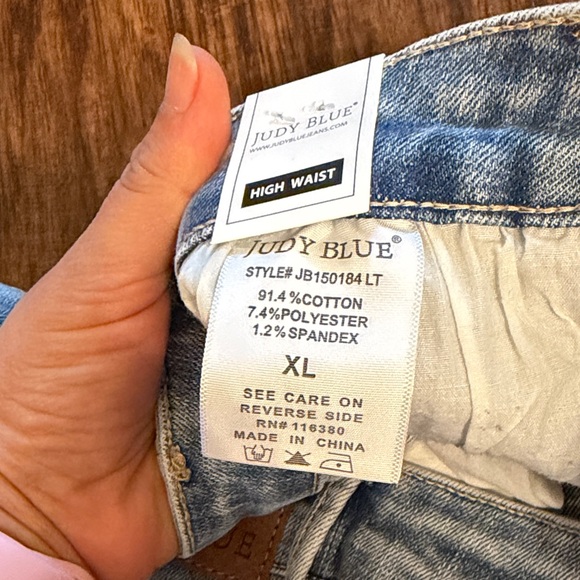 Judy Blue Women's Jean Shorts in Blue, Black, and White - Picture 3 of 16